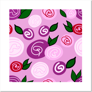 Floral Pink and Red Swirl Rose Berries and Leaves Pattern on Pink Backdrop, made by EndlessEmporium Posters and Art